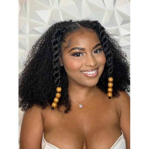 V SHOW Afro Curly 3 In 1 Half Wig Human Hair Elastic Drawstring Wear Go Glueless Kinky Curly Human Hair Half Wigs Friendly To Beginners 180% Density Natural Hairline Flip Over Wig 16Inch