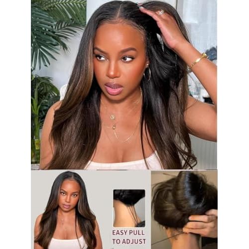 UNICE Chestnut Brown Ombre Yaki Straight 7x5 Pre Cut HD Lace Front Wigs Human Hair with Drawstring Bye Bye Knots Glueless Wig Pre Plucked Bleached Knots Natural Hairline 150% Density 18 inch
