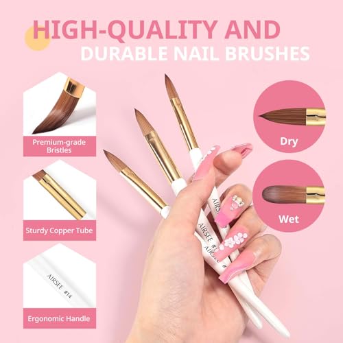 AIRSEE 3PCS Acrylic Nail Brush Set, Size 8/10/14 for Beginner & Professional Use for Acrylic Powder, Nail Art Extension & 3D Carving, 3A+ Nylon, DIY Salon Home, White