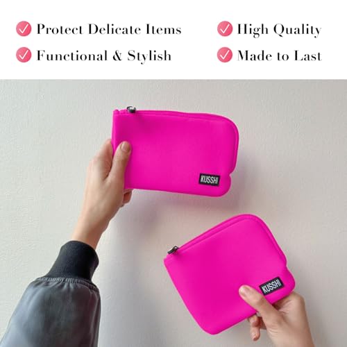 KUSSHI 2pc Neoprene On-The-Go Pouch Set - Passport Holder and Travel Zipper Makeup Pouch for Purse - Small Purse Pouch for Organization, Electronics, Glasses & Valuables (Pink)