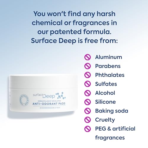 Surface Deep Anti-Odorant Pads ? Deodorant Odor Prevention & Skin Care in One | 50 Pads in Jar | Dermatologist-Developed | Glycolic Acid Exfoliation | Aluminum-Free, Vegan & Cruelty-Free
