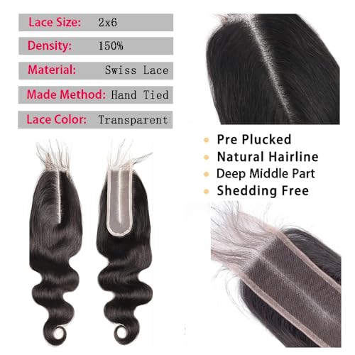 12A Body Wave Human Hair Bundles With Closure(20 22 24+2X6 Lace Closure 18Inch) Brazilian Natural Black 2X6 Hd Lace Closure With Bundles Human Hair Extensions