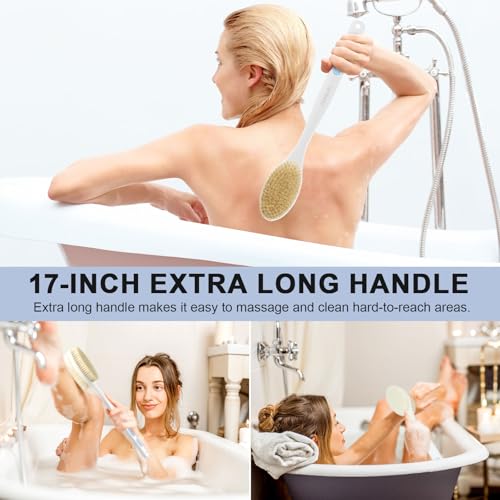 Back Scrubber for Shower with Long Handle, Exfoliating Bath Brush for Body - Double Sided Bristles (Stiff & Soft), Anti-Slip Grip, Lightweight - Gift for Seniors, Includes Lanyard & Hook, Blue