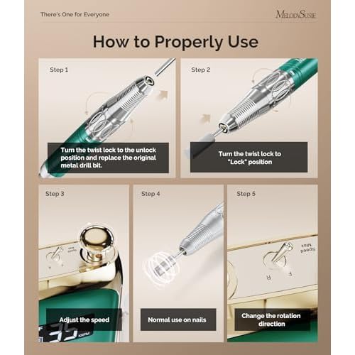 Melodysusie Nail Drill Professional Brushless MB450C, 35,000RPM Portable Electric Nail File, Cordless Efile Nail Drill Machine for Gel Nails, Rechargeable E Filer Kit with 8 Bits, Jade Plus, Green
