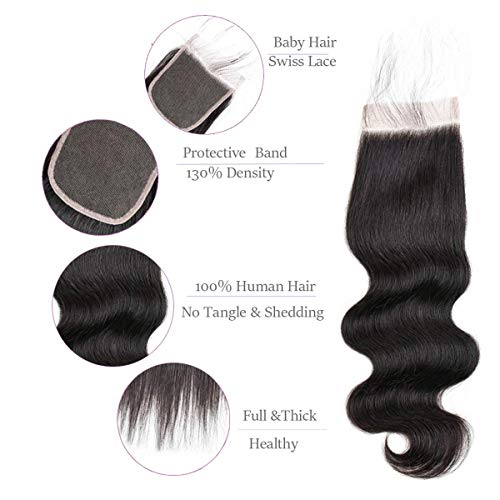 Hair 8A Unprocessed Brazilian Body Wave Bundles with Closure (20 22 24+18closure,Natural Black) Virgin Brazilian Hair Bundles Weave with Lace Closure Free Part