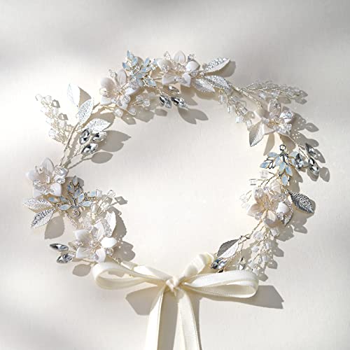 SWEETV Handmade Bridal Headband Silver Wedding Hair Accessories for Brides Hair Pieces Floral Wedding Headpieces for Flower Girl Bridesmaid