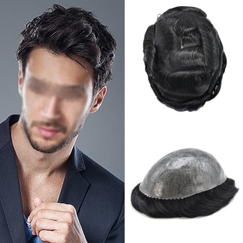 Mens Toupee Hunman Hair Replacement System Transparent Full Poly All Injected Pu 0.10mm Toupee For Men Hairpiece #1 Jet Black-120% Density
