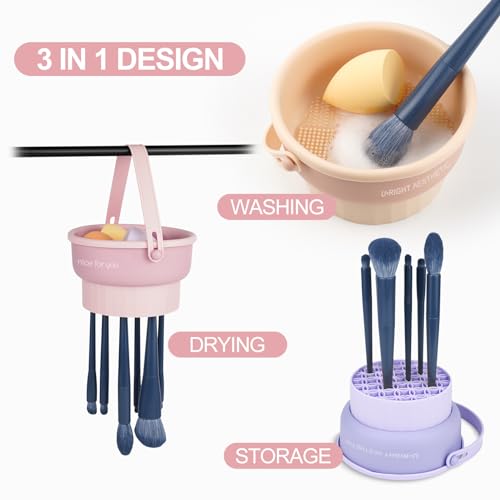 Makeup Brush Cleaner Mat 3 in 1 Silicone Makeup Brush Cleaner Bowl Cosmetic Brushes Cleaning Tool Makeup Cleaner for Brushes (Pink) (Pink)