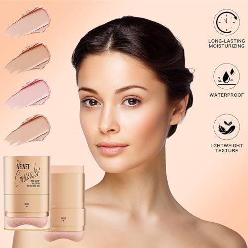 Double-ended Concealer Stick Foundation Stick with Built-in Soft Brush and Natural Finish Concealer Foundation Sticks for Multi-Use Face Makeup (#150 Pink Shell)