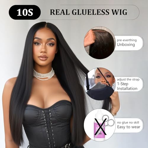 Glueless Wigs Human Hair Pre Plucked Pre Cut 6x4 Straight Lace Front Wigs Human Hair 30 Inch Hd Lace Front Closure Wigs for Women 180% Density Wear and Go Glueless Wig Ready to Wear Natural Black