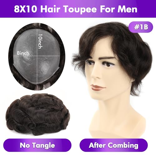 ROSELOVER 8x10 Inch PU Thin Skin Toupee for Men - 0.03mm Human Hair Replacement System,Natural Look Hair Prosthesis Units for Men, Durable & Breathable Hairpiece,Off Black
