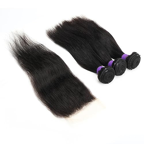 Human Hair 3 Bundles with Closure Straight 100% Unprocessed Virgin Brazilian Hair Bundles with 4x4 Lace Closure Free Part, Double Weft 10A Hair Weave Extensions, Natural Black Color (24" 24" 24" + 14" Closure)