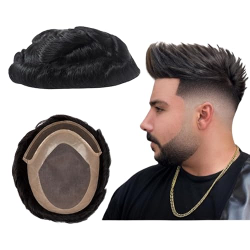 Toupee for Men Human Hair Wigs Mens Toupee Mono Base with Lace Front Hair Units Curly Wave Mens Wig Toupee Hair Real Human Replacement System for Man Freestyle Natural Wig #1B Off Black (7x9")