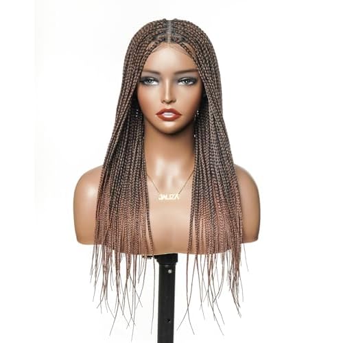 24" Pre-Bleached Human Hair Lace Base HD Full Lace Knotless Box Braided Wig ? Swiss Lace, Lightweight with Human Baby Hair, 100 Strands, Ombre Brown