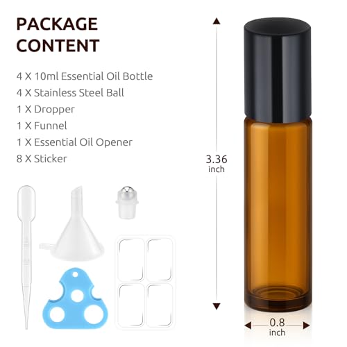 10ml Roller Bottles for Essential Oils(4-Pack), Leak-Proof Amber Glass Roller Ball Applicator, Opener, Droppers, Funnel & Labels, Roll on Bottles for Perfume & DIY Skincare