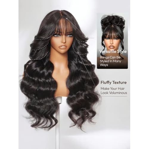 Beauty Forever Bye Bye Knots Black Fluffy Natural Loose Wave Curtain Bangs Wig Glueless Wigs Human Hair Pre Plucked Pre Cut 7x5 Lace Closure Ready to Wear Drawstring Wig for Women 180% Density 18 Inch
