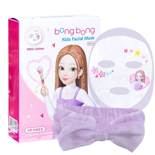 BB Kids Face Masks Spa 5-Pack With Spa Headband | Kids Facial Masks for Girls With 100% Cotton Sheets | Princess Facial Mask for Kids Spa Party Birthday Sleepover (10-Pack with Purple Band)
