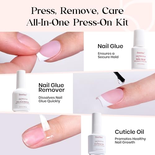 Beetles X Press Plus On Nails Kit-Short Square French Tip Press On Nails Kit with 150Pcs Pink French Nail Tips Nail Glue & Remover Builder Top Coat Nail Lamp,All-in-One DIY Fake Nails Gift for Women