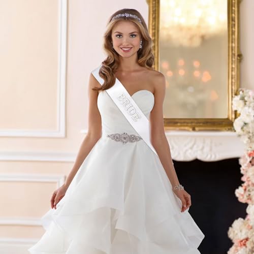 Etercycle Bride Sash, Bride To Be Sash Bridal Gifts, White Pearls Rhinestones Sashes Bachelorette Party Decorations Bridesmaid Favors With Adjustable Diamond Pin