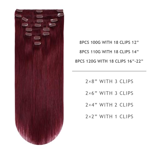 YILITE Clip in Hair Extensions Real Human Hair 8Pcs/Pack 120g Burgundy Straight Thick Invisible Remy Natural Hair Double Weft Clip Extensions for Women (20inches #99J Burgundy£©