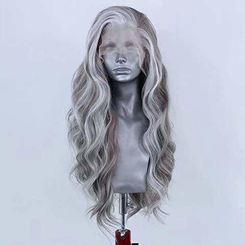 RONGDUOYI 24Inch Grey Mixed White Natural Wave Wig for Women Highlight Lace Front Wig with Natural Hairline Free Part Synthetic Daily Wear Wig