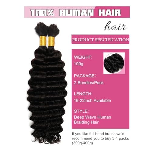 Human Braiding Hair 3 Bundles/Pack 300g 22 Inch *3 Deep Wave Curly Bulk 100% Human Hair for Braiding No Weft 10A Brazilian Virgin Human Hair Extensions for Boho Braids Natural Black Wet and Wavy