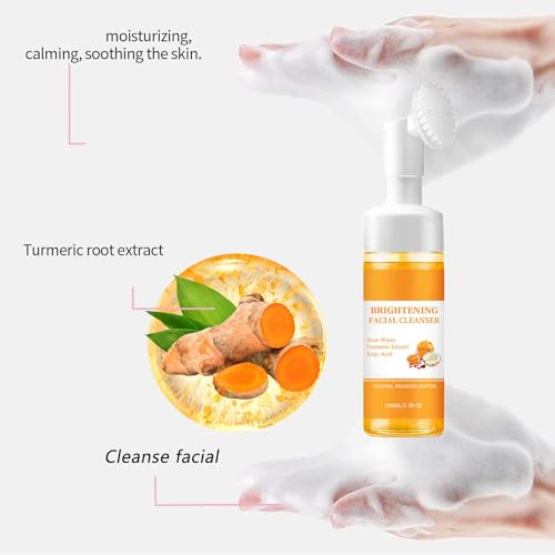 Turmeric Face Wash With Brush,Turmeric Wash and Care Set,Foaming Facial Cleanser&2Bars of Lemon Soap&20pcs Cleansing Pads&2 Bubble Nets,Facial Kit for Women,3.38 Fl Oz/pcs