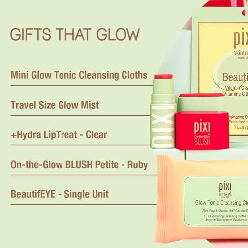 Best of Pixi Beauty Holiday Edition Gift Set | Kit Contains BeautifEYE Eye Patches, Glow Tonic Cleansing Cloths, Glow Mist, On-the-Glow Blush and +Hydra LipTreat Lip Balm in Holiday Makeup Bag