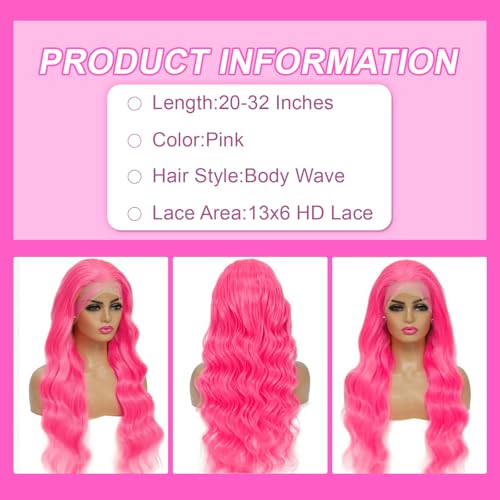 32 Inch Pink Human Hair Wig 200 Density 13x6 HD Lace Front Wigs Human Hair Pre Plucked Body Wave Pink Lace Front Colored Glueless Wigs for Women with Baby Hair