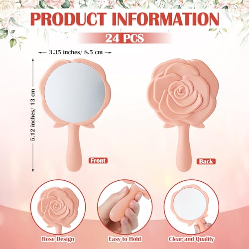 Wenqik 24 Sets Bridal Shower Favors Rose Compact Mirrors Bulk Wedding Favors for Guests Rose Compact Handheld Mirrors with Thank You Cards and Organza Bags Wedding Party Guests Souvenir Gifts (Pink)