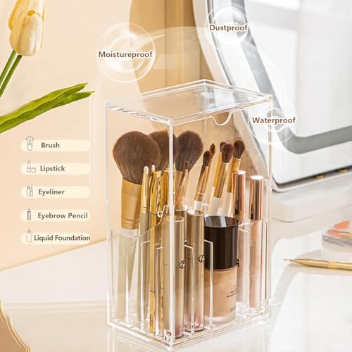Makeup Brush Holder, Clear Make Up Brush Holder Organizer with 17 Slots, Tilt Open Large Makeup Brush Holde with Lid, Acrylic Makeup Organizer for Vanity Decor Office Home