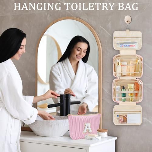 YOOLIFE Personalized Birthday Gifts for Women Teen Girls - Hanging Toiletry Bag Makeup Bag for Women Girls, Initial Toiletry Bag Makeup Bag, Letter A, Pink
