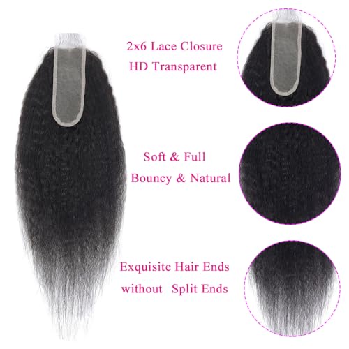 Yaki Straight Bundles with Closure (20 22 24+18) 100% Unprocessed Kinky Straight 3 Bundles with 2x6 Lace Closure Sew in Natural Color for Black Women