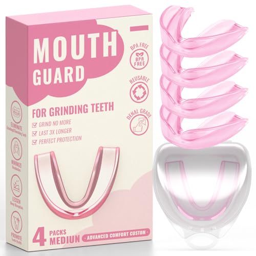 4 Pack Pink Mouth Guards for Women and Teens, Medium Size, Moldable Night Guards for Teeth Grinding and Clenching, Comfortable Bite Guards, Stylish Custom Dental Guards for Protection