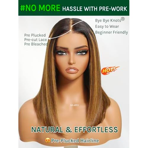 KLAIYI Bye Bye Knots Glueless Wig Ombre Brown with Blonde Bob Straight Precut 7x5Lace Front Human Hair Wig with Dark Roots Pre Plucked Bleached Blunt Cut Balayage Highlight Ready to Wear and Go 14Inch