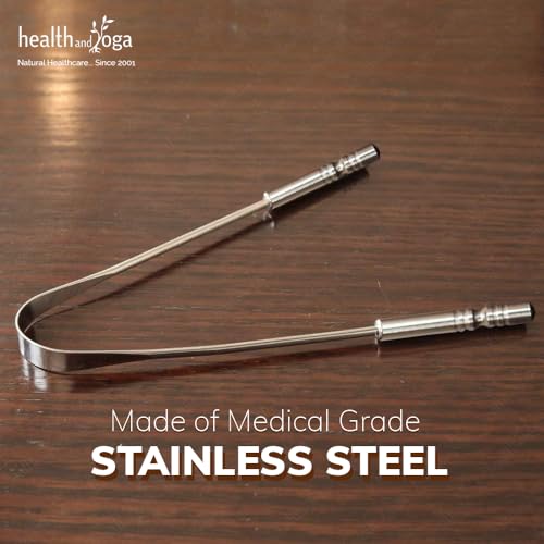 HealthAndYoga¢â Tongue Cleaner Scraper with Storage Bag - Hygienic, Surgical Grade, Non-Synthetic Grip ? Sterilizable Tongue Brush Cleaner (Surgical Steel - 1 Pack)