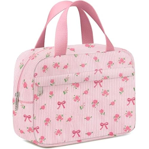 Small Makeup Bag for Purse Cute Corduroy Cosmetic Pouch with Zipper Travel Toiletry Bag for Women(Flower bow pink)