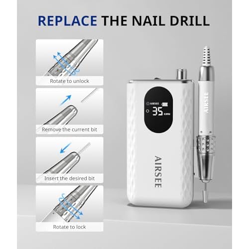 AIRSEE Updated Professional Nail Drill,Rechargeable Cordless Efile Machine for Acrylic Extension Gel Dip Powder Powerful Portable Efile 56 Sanding Bands 7 Bits,Low Noise Low Heat,G7 White