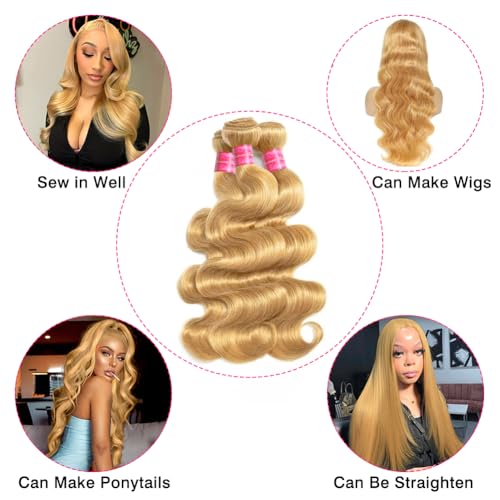 Aopusi Honey Blonde Bundles Human Hair Brazilian #27 Colored Body Wave Bundles 10A Grade 100% Unprocessed Virgin Remy Hair 3 Pcs/Lot Hair Weft(14 16 18 Inch)