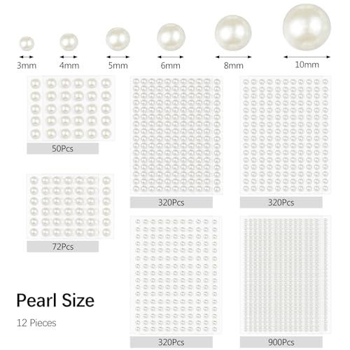 1982 Pcs Self-Adhesive Pearl Stickers, Multiple Sizes, Decorative Pearl Gems for Face, Crafts, Hair, Makeup, Nail