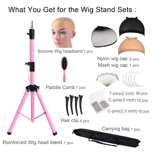 Reinforced Wig Stand Tripod 59" Heavy Duty Adjustable Mannequin Head Stand Tripod for Styling Cosmetology Hairdressing Training, Pink Wig Head Stand Sets with Wig Caps,Comb,Hair Clips, T-Pins,Headband