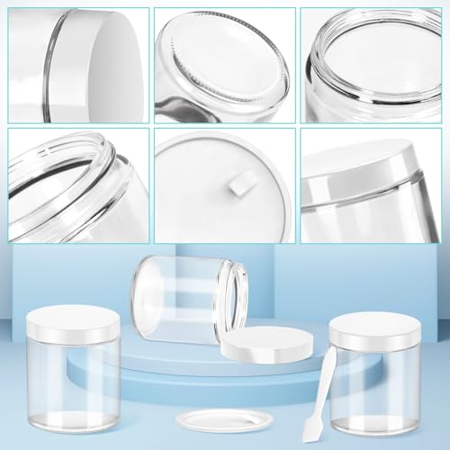MotBach 2 Pack 8oz Glass Jars with Lids, Round Glass Jars with Spatulas, Inner Liners and White Lids, Empty Cosmetic Containers Travel Toiletries Container for Lotion, Cream, Makeup, Cosmetic, Slime