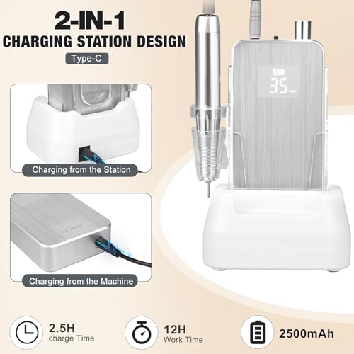 Professional Nail Drill Machine, 2-in-1 AZ GOGO 35000RPM Rechargeable Portable Cordless Nail Drills for Acrylic Gel Nails Manicure Pedicure Salon/Home Use - Coreless Motor (Silver)