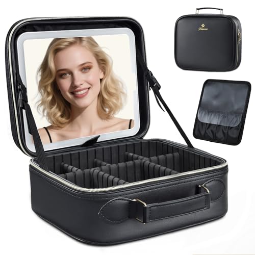 Travel Makeup Bag with LED Mirror 3 Color Modes,10.2-in Black Vegan Leather Makeup Organizer Bag with Adjustable EVA Dividers and Independent Brush Panel
