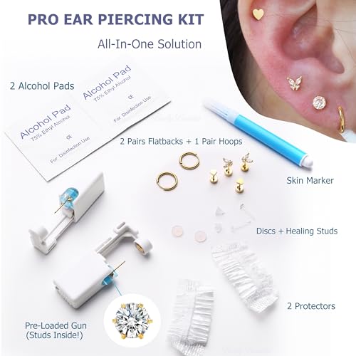 KRFY Ear Piercing Kit Sets, Disposable Stainless Steel Ear Piercing Gun with Preloaded Stud Earrings for Women, Self Pierce Studs Kit Tool, Flat Back Hoop Earrings Cartilage Jewelry Gold Plated/Silver