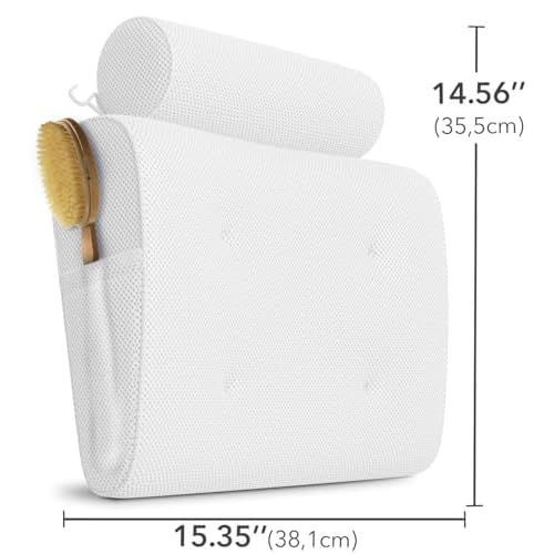 Everlasting Comfort Luxury Bath Pillows for Tub with Head and Neck Support - Non-Slip Bathtub Pillow with Suction Cups, Quick-Drying Mesh & Drying Hook - Jacuzzi & Spa Accessories for Women - White