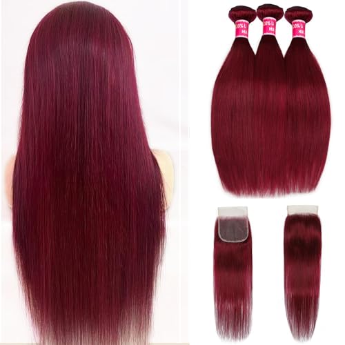 99j Straight Bundles with Closure Human Hair 12A Brazilian Raw Remy Human Hair Bundles and 4x4 HD Lace Closure Free Part Win Red Human Hair Bundles with Closure 20 22 24+20 Inch