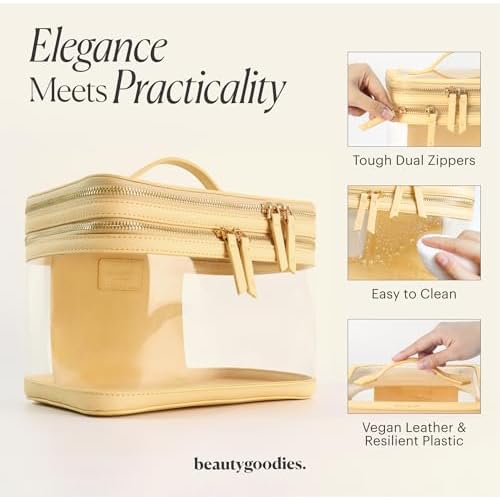 Clear Travel Makeup Bag for Women Organizer with Handle Beige, Extra Large Transparent Makeup Bag Toiletry Organizer with Zipper, Clear Cosmetic Travel Bags for Women Skincare Organizer for Traveling