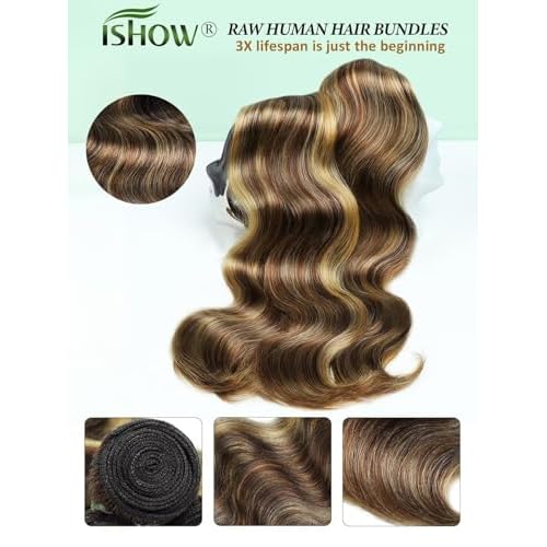 ISHOW Raw Human Hair Bundles, 100% Unprocessed Virgin Human Hair, 15A Body Wave Premium Quality Bundles Producer, 18 Inch Single Bundle, Long Lasting, Ombre Honey Blonde Color P4/27