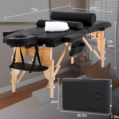 BestMassage Massage Bed Portable Massage Table 24 inch Wide Lash Bed Height Adjustable 2 Folding Spa Table with Towel Hanger Oil Pouch Half Bolster Round Bolster Non-Woven Bag
